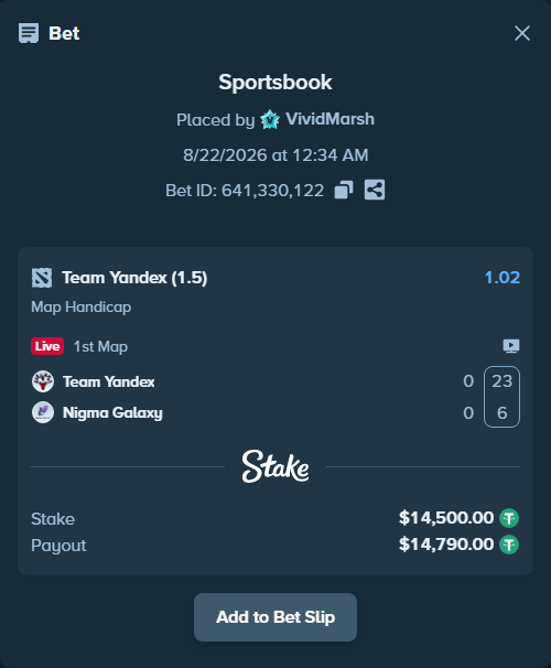 Bet slip: Team Yandex - Nigma Galaxy, $14,500.00 stake at 1.02 odds, placed by VividMarsh