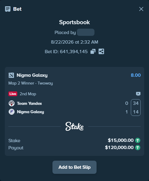 Bet slip: Team Yandex - Nigma Galaxy, $15,000.00 stake at 8.00 odds, placed by BashirGoldenDr
