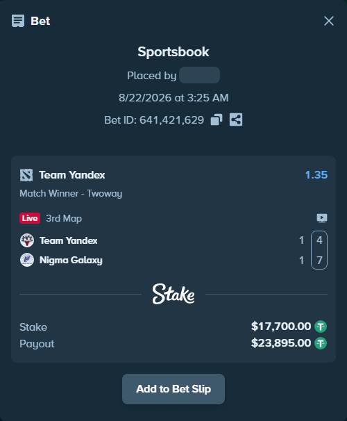 Bet slip: Team Yandex - Nigma Galaxy, $17,700.00 stake at 1.35 odds, placed by 2marmot9
