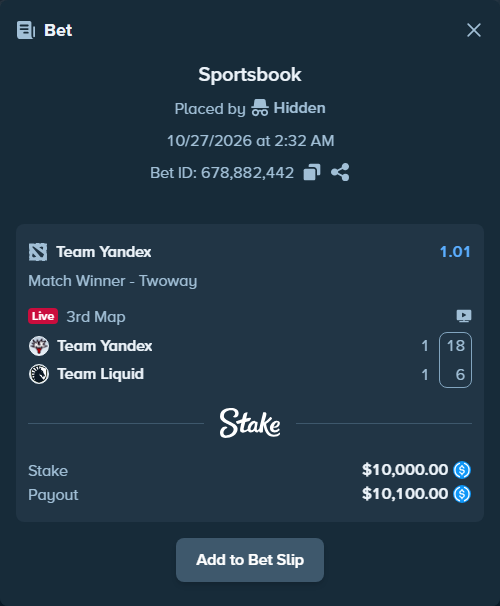 Bet slip: Team Yandex - Team Liquid, $10,000.00 stake at 1.01 odds, placed by Hidden