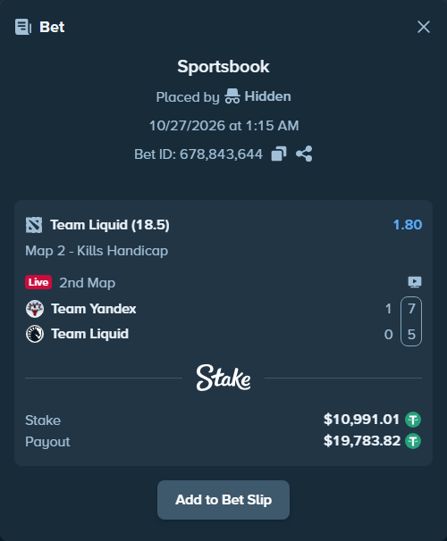 Bet slip: Team Yandex - Team Liquid, $11,002.00 stake at 1.80 odds, placed by Hanselwilliam1