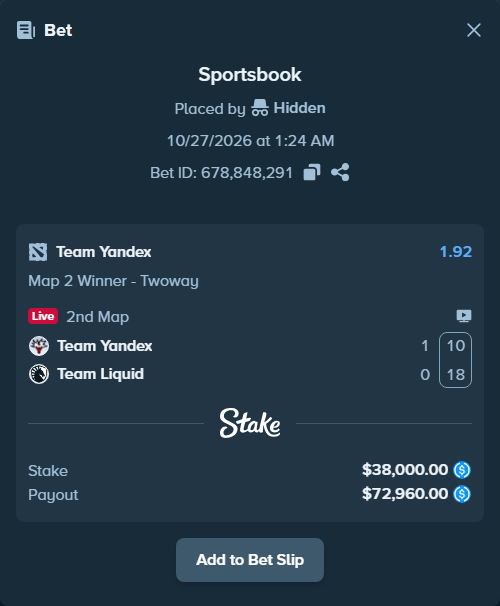 Bet slip: Team Yandex - Team Liquid, $38,000.00 stake at 1.92 odds, placed by Hidden