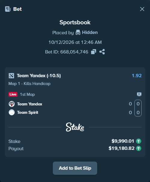 Bet slip: Team Yandex - Team Spirit, $10,000.00 stake at 1.92 odds, placed by Hidden