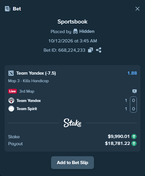 Bet slip: Team Yandex - Team Spirit, $10,000.00 stake at 1.88 odds, placed by Hidden