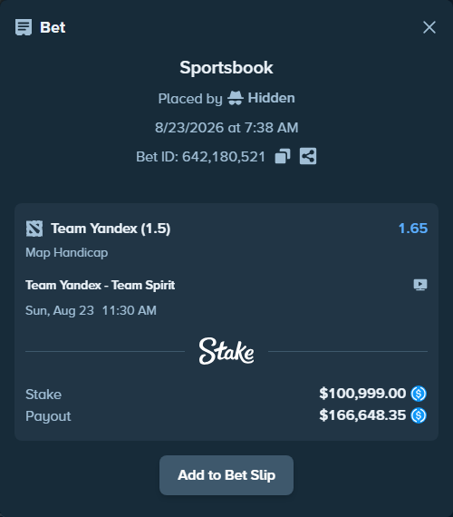 Bet slip: Team Yandex - Team Spirit, $100,999.00 stake at 1.65 odds, placed by Hidden