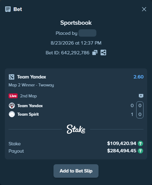 Bet slip: Team Yandex - Team Spirit, $109,410.00 stake at 2.60 odds, placed by BashirGoldenDr