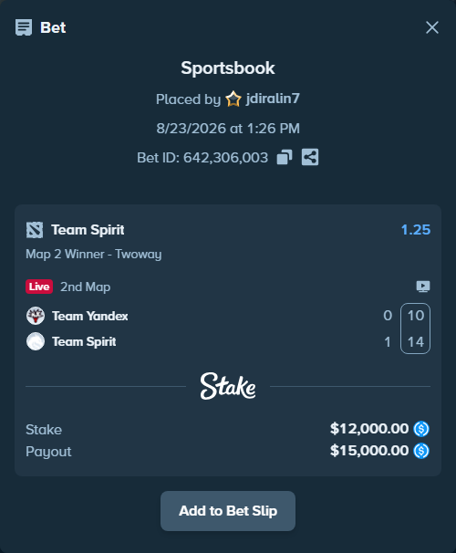 Bet slip: Team Yandex - Team Spirit, $12,000.00 stake at 1.25 odds, placed by jdiralin7