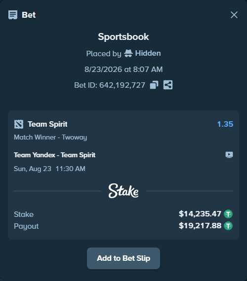 Bet slip: Team Yandex - Team Spirit, $14,235.47 stake at 1.35 odds, placed by Hidden