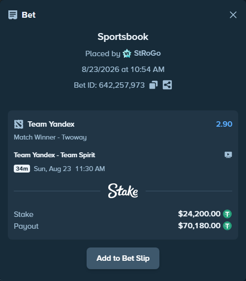 Bet slip: Team Yandex - Team Spirit, $24,200.00 stake at 2.90 odds, placed by StRoGo