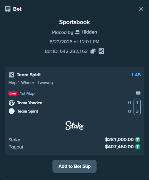 Bet slip: Team Yandex - Team Spirit, $280,971.90 stake at 1.45 odds, placed by Hidden