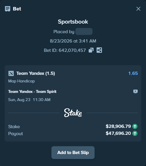 Bet slip: Team Yandex - Team Spirit, $28,906.79 stake at 1.65 odds, placed by tbkpty