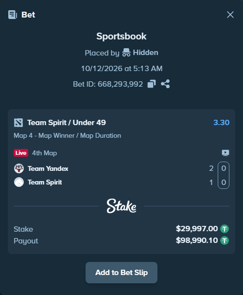 Bet slip: Team Yandex - Team Spirit, $30,027.00 stake at 3.30 odds, placed by ne0tlozhka