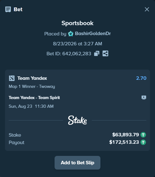 Bet slip: Team Yandex - Team Spirit, $63,893.79 stake at 2.70 odds, placed by BashirGoldenDr