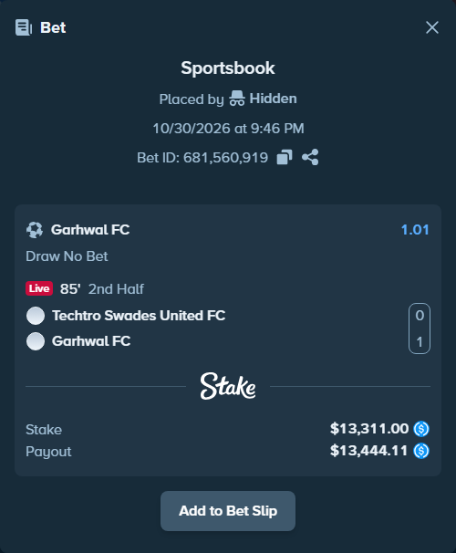 Bet slip: Techtro Swades United FC - Garhwal Heroes FC, $13,311.00 stake at 1.01 odds, placed by Hidden