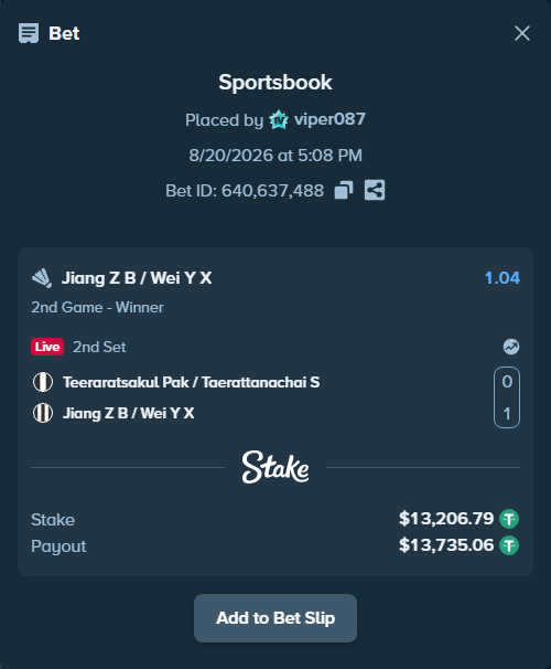 Bet slip: Teeraratsakul Pak / Taerattanachai S - Jiang Z B / Wei Y X, $13,220.00 stake at 1.04 odds, placed by viper087