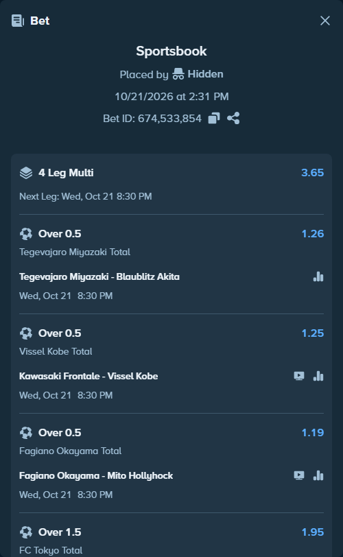 Bet slip: Tegevajaro Miyazaki - Blaublitz Akita, $11,066.35 stake at 1.26 odds, placed by Hidden