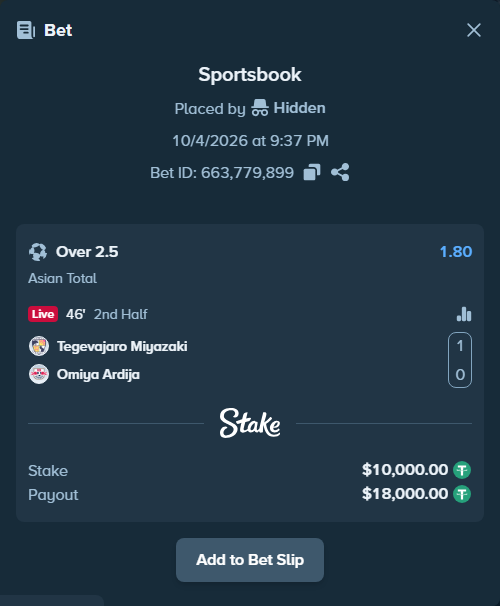 Bet slip: Tegevajaro Miyazaki - RB Omiya Ardija, $10,000.00 stake at 1.80 odds, placed by tlwns4736