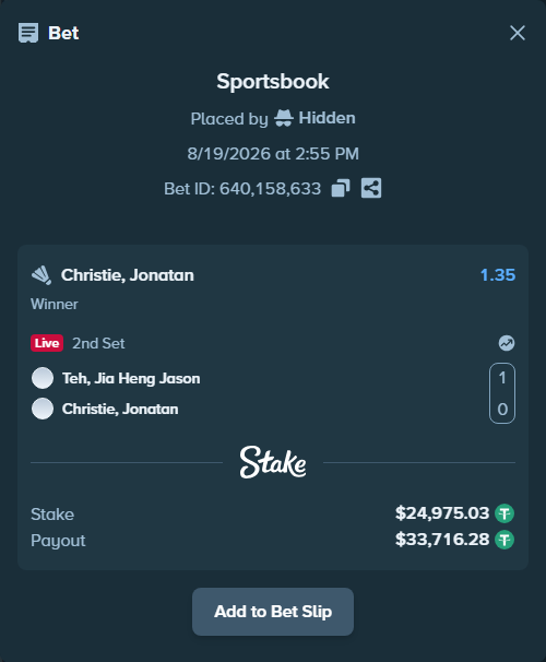 Bet slip: Teh, Jia Heng Jason - Christie, Jonatan, $25,000.00 stake at 1.35 odds, placed by Hidden