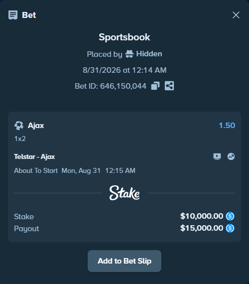 Bet slip: Telstar - Ajax, $10,000.00 stake at 1.50 odds, placed by Hidden