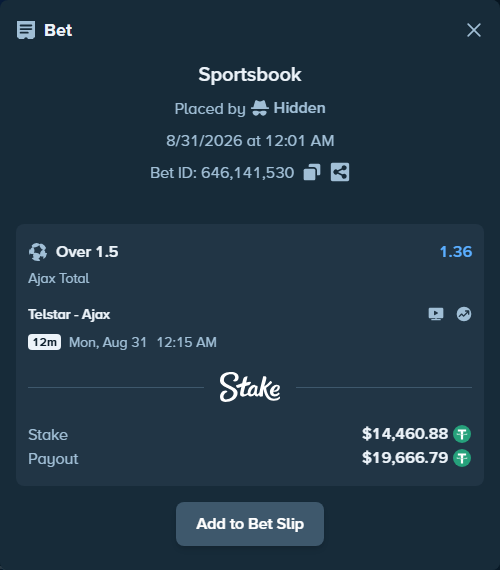 Bet slip: Telstar - Ajax, $14,460.88 stake at 1.36 odds, placed by Hidden