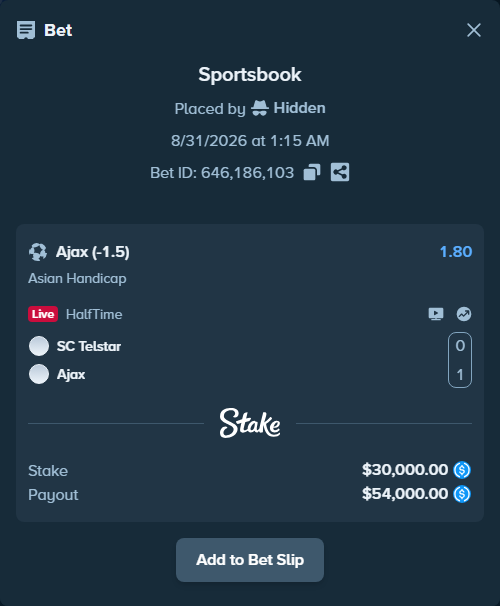 Bet slip: Telstar - Ajax, $30,000.00 stake at 1.80 odds, placed by Hidden