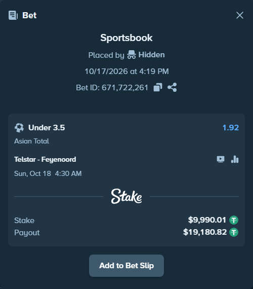 Bet slip: Telstar - Feyenoord, $10,000.00 stake at 1.92 odds, placed by Hidden