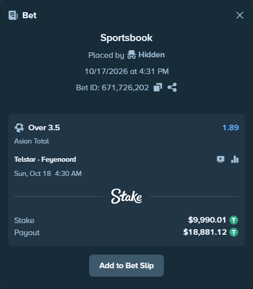 Bet slip: Telstar - Feyenoord, $10,000.00 stake at 1.89 odds, placed by Hidden
