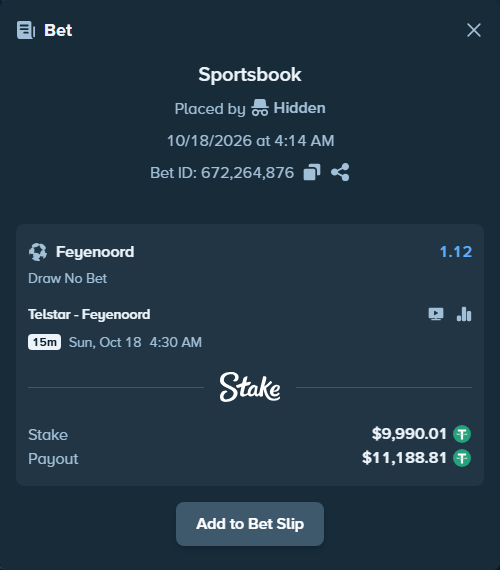 Bet slip: Telstar - Feyenoord, $10,000.00 stake at 1.12 odds, placed by Thor9977
