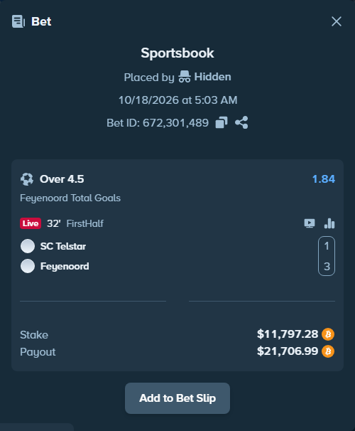 Bet slip: Telstar - Feyenoord, $11,827.52 stake at 1.84 odds, placed by Hidden
