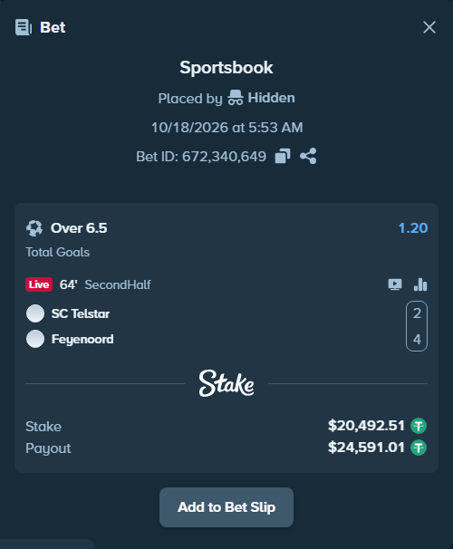 Bet slip: Telstar - Feyenoord, $20,513.00 stake at 1.20 odds, placed by Hidden