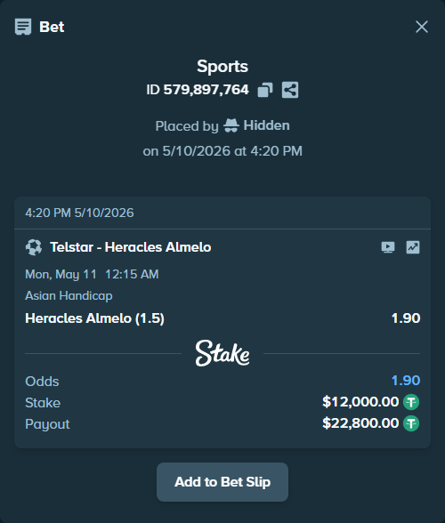 Bet slip: Telstar - Heracles Almelo, $12,000.00 stake at 1.90 odds, placed by Hidden