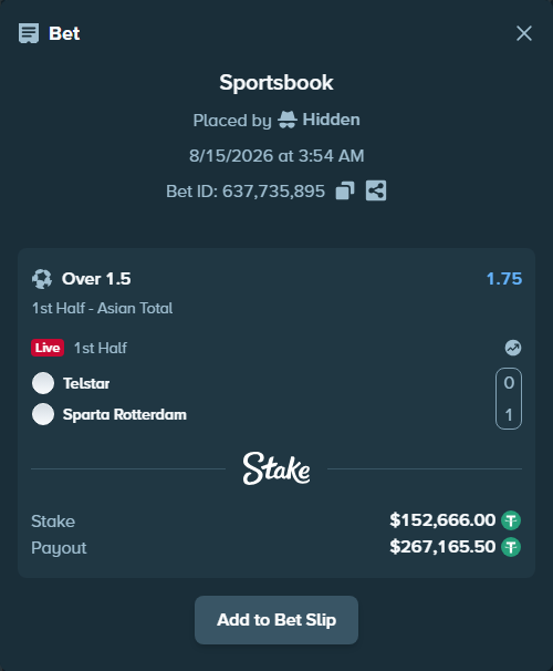 Bet slip: Telstar - Sparta Rotterdam, $152,818.67 stake at 1.75 odds, placed by Hidden