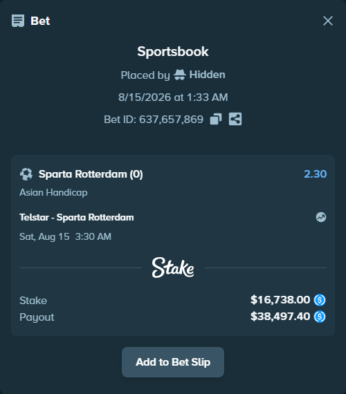 Bet slip: Telstar - Sparta Rotterdam, $16,738.00 stake at 2.30 odds, placed by Hidden