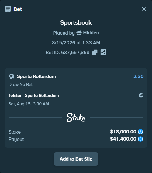 Bet slip: Telstar - Sparta Rotterdam, $18,000.00 stake at 2.30 odds, placed by Hidden
