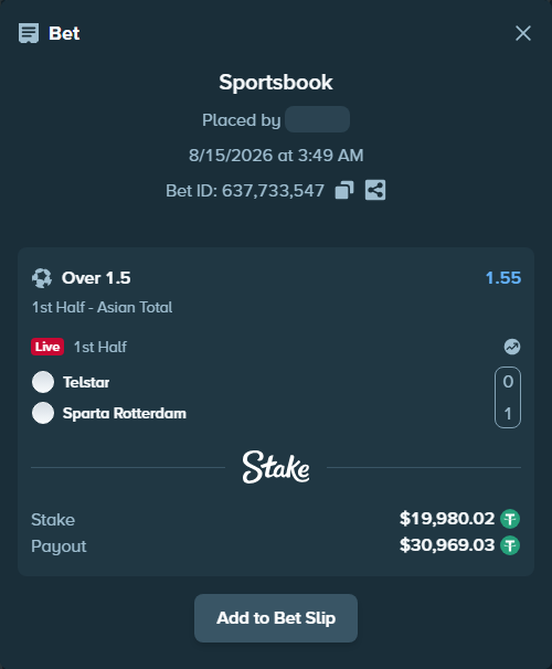 Bet slip: Telstar - Sparta Rotterdam, $20,000.00 stake at 1.55 odds, placed by tlwns4736