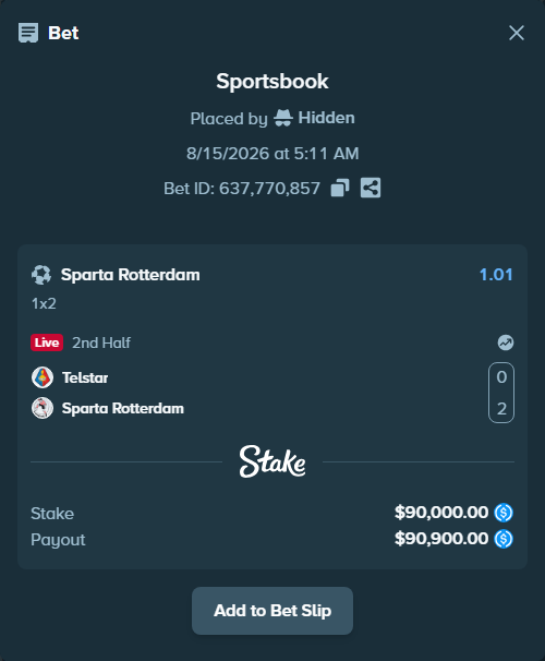 Bet slip: Telstar - Sparta Rotterdam, $90,000.00 stake at 1.01 odds, placed by Hidden