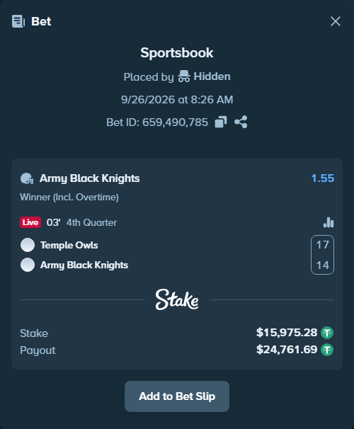 Bet slip: Temple Owls - Army Black Knights, $15,975.28 stake at 1.55 odds, placed by Hidden