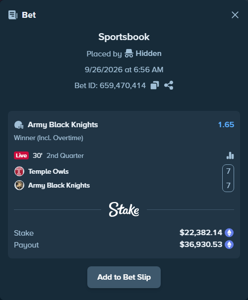 Bet slip: Temple Owls - Army Black Knights, $22,481.90 stake at 1.65 odds, placed by Hidden
