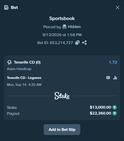 Bet slip: Tenerife CD - Leganes, $13,000.00 stake at 1.72 odds, placed by Hidden