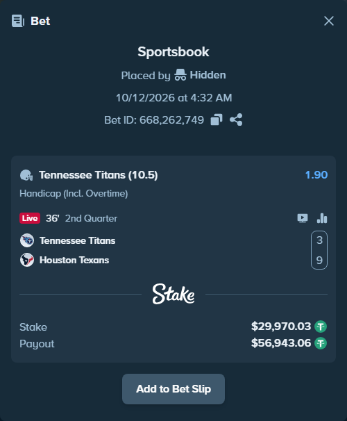 Bet slip: Tennessee Titans - Houston Texans, $30,000.00 stake at 1.90 odds, placed by BetlikeaKing