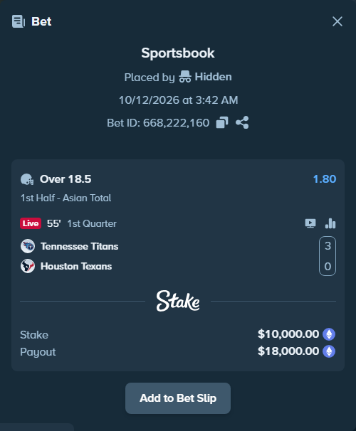 Bet slip: Tennessee Titans - Houston Texans, $9,958.94 stake at 1.80 odds, placed by Jollysea