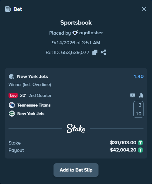Bet slip: Tennessee Titans - New York Jets, $30,000.00 stake at 1.40 odds, placed by ayoflasher