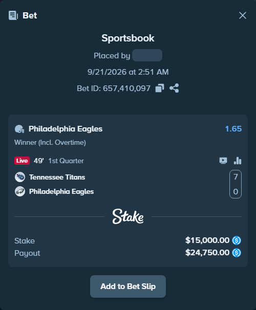 Bet slip: Tennessee Titans - Philadelphia Eagles, $15,000.00 stake at 1.65 odds, placed by dubelindiwe