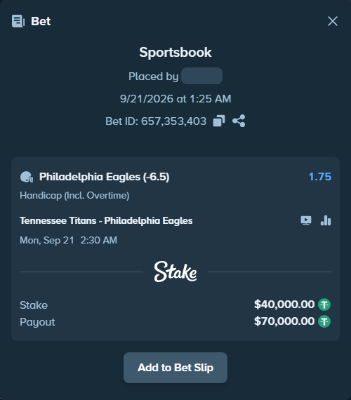 Bet slip: Tennessee Titans - Philadelphia Eagles, $40,000.00 stake at 1.75 odds, placed by dvento
