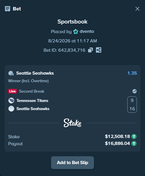 Bet slip: Tennessee Titans - Seattle Seahawks, $12,506.93 stake at 1.35 odds, placed by dvento