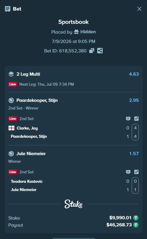Bet slip: Teodora Kostovic - Jule Niemeier, $10,000.00 stake at 1.57 odds, placed by Hidden