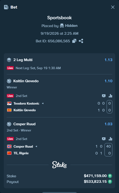 Bet slip: Teodora Kostovic - Kaitlin Qevedo, $471,159.00 stake at 1.10 odds, placed by Hidden