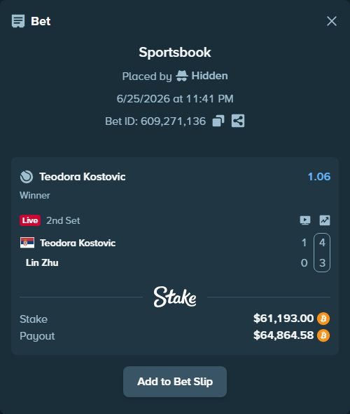 Bet slip: Teodora Kostovic - Lin Zhu, $64,051.04 stake at 1.06 odds, placed by Hidden