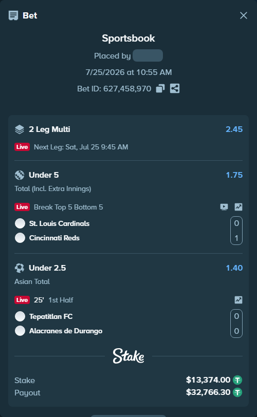 Bet slip: Tepatitlan FC - Alacranes de Durango, $13,387.37 stake at 1.40 odds, placed by AsTraL11