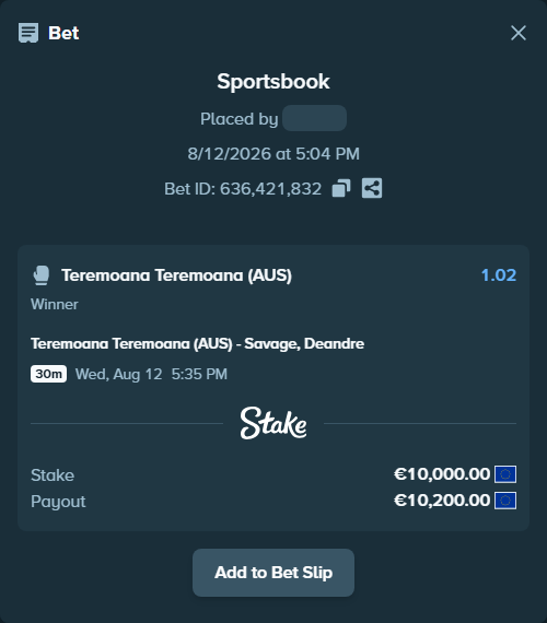 Bet slip: Teremoana Teremoana (AUS) - Savage, Deandre, $10,800.00 stake at 1.02 odds, placed by 4alen4